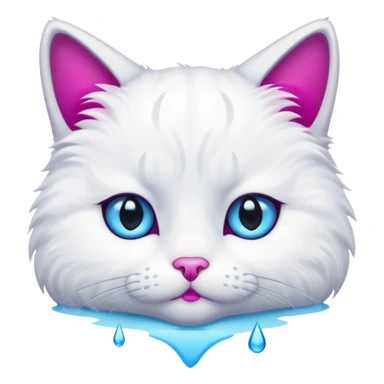 White cat, emphasized sad face, blue water tear drop below one eye, magenta eyes, black background, cute cartoon style sticker
