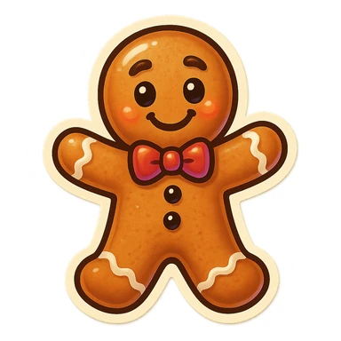gingerbread man with a bow tie and cheerful face sticker