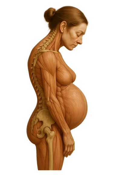 donna in gravidanza di profilo con spina dorsale in evidenza, postura storta, spalle chiuse in avanti, iperrealistica 4k sticker