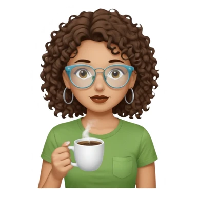 White girl with dark brown curly hair, brown eyes, sky blue glasses, nose piercing septum, green t shirt, drinking coffee from a cup sticker