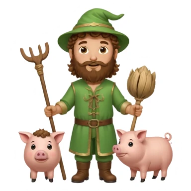 happy young shepard with long curly brown beard and long curly brown hair, in green magical outfit, with wooden shepard stick in hands, taking care of pigs sticker