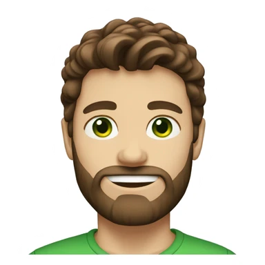 Guy with brown hair like a mullet, green eyes and a beard sticker