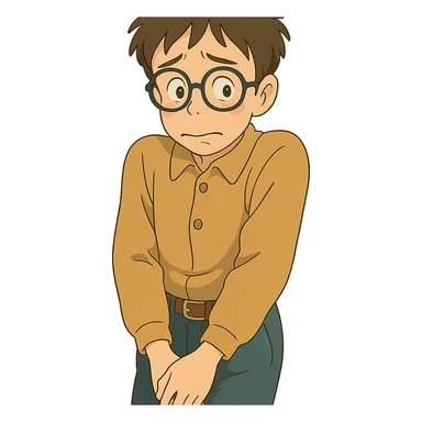 ghibli style dorky character with glasses, shy pose sticker