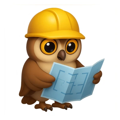В стилистике эмоджи сгенерируй сову, которая увлеченно держит в крыльях развернутый план и смотрит в него, а на голове у нее каска строителя, прозрачный фон sticker