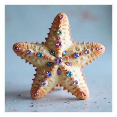 photorealistic sea star with pastel rainbow hues, decorated with rhinestones and glitter, soft lighting, natural texture, gentle cute expression sticker