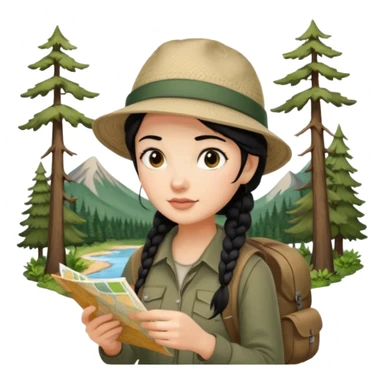 A braid black hair backpacking woman checking her map with curious eyes while walking in the woods with camping hat full body sticker