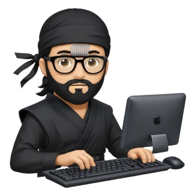 Man with black hair and beard wearing glasses in a ninja costume. Keep the top left version, make the beard longer and replace the sword on his back with a computer keyboard  sticker