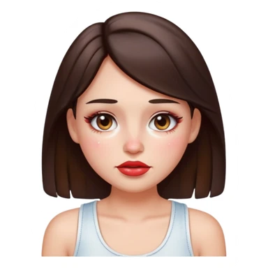 “Emoji brunette girl white tanktop, dewy skin, heavy blush across cheeks and nose bridge, glossy cherry lips, soft eyeliner, teary sparkling eyes like hanni from new jeans sticker