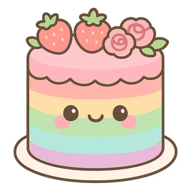 rainbow wedding cake with strawberries, pink roses, no topper, kawaii style sticker