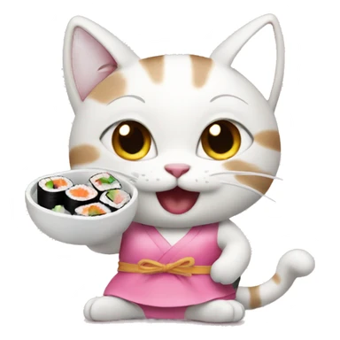happy little cat in a pink dress eating sushi sticker