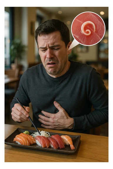 a man sits at a restaurant table, eating a plate of raw fish (such as sushi or sashimi). In a magnified inset, an Anisakis larva is visible inside a piece of fish. The man’s expression changes from enjoyment to sudden discomfort, holding his stomach with a pained look. The background is softly blurred, focusing on the man and the food. in italiano sticker