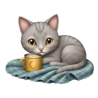 A thin grey cat curled on an old blanket, holding a tiny tin cup with its paws while looking shy but sweet.
 sticker