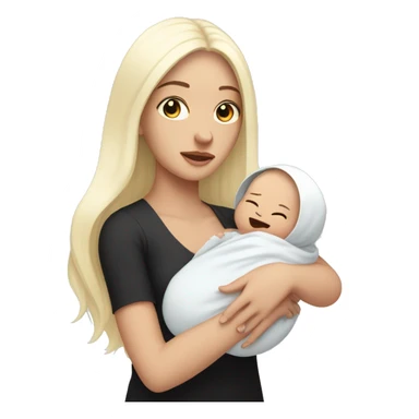 Pale girl with long black hair is holding a pale newborn baby sticker