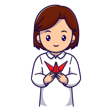 Ukrainian young girl with brown hair wearing an embroidered shirt holds an origami red crane sticker