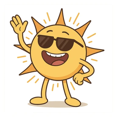 bright sun with sunglasses, radiating warmth, playful cartoon style sticker