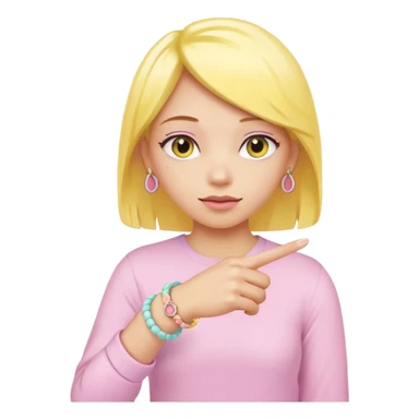 Hand pointin down yellow skin color with pastel bracelets on wrist and cute pink rin sticker