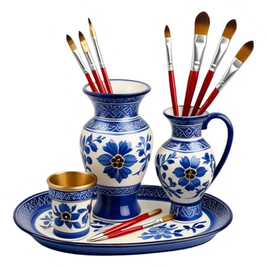 Metal painting icon, a metal vase, tray and metal cup with brushes, each decorated with different techniques: Gzhel-style blue floral patterns, Chinese red and gold designs, and intricate Golden embroidery-style details. Visible fine paintbrush, paint pots, and accessories like porcelain palette, minimalistic style, clean lines, transparent background. sticker