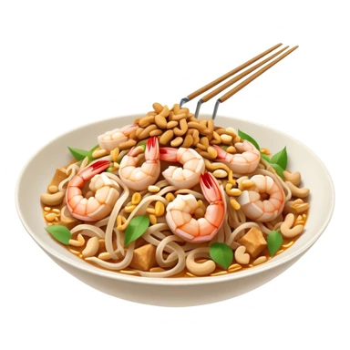 Cinematic Realistic Pad Thai Dish Emoji, depicted as stir-fried rice noodles with shrimp, tofu, peanuts, and bean sprouts rendered with vibrant textures and dynamic, appetizing lighting. sticker