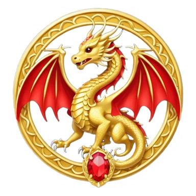 Golden Dragon with golden wings golden crest/brosch in a golden circle with red gems sticker