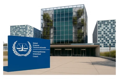 Zoom out slightly for a wider view of the same International Criminal Court (ICC) building in The Hague, keeping the exact same style, colors, lighting, and details. Show more of the building without changing anything else. Transparent background. sticker