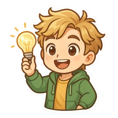 bright and expressive male visionary, fair skin, tousled golden hair, wide joyful eyes, wearing a green hoodie over a yellow tee, one hand raised with a glowing lightbulb, waist-up, front-facing sticker