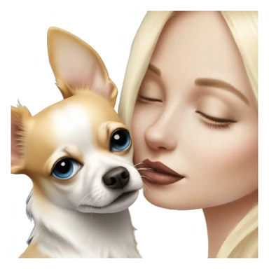 Blonde blue eyed, pale skin woman kissing her chihuahua, the chihuahua has the color of black and white, the chihuahua has long coated  sticker