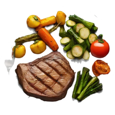 cooked steak and burnt veggies, cooked vegetables, fried vegetables on a plate sticker