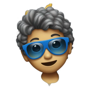 Little kid dancing at party with full blue suit and sunglasses sticker