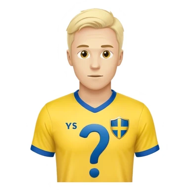 Swedish male soccer player with question mark on the right corner with yellow and blue clothes and with the Swedish flag on the chest and with a question mar outside the emoji sticker