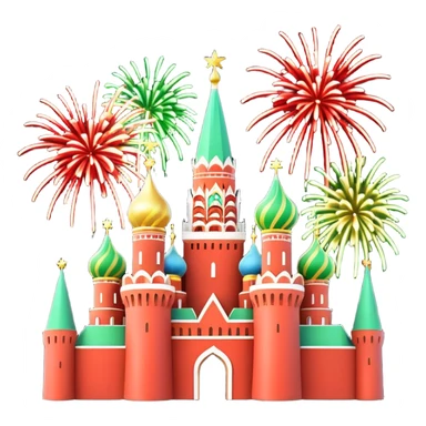 Apple style 3D emoji of New Year fireworks over Moscow. Vibrant multi-colored sparkling bursts (red, gold, green) in the sky. Below, a simplified glossy 3D silhouette of the Kremlin towers with glowing red stars. 
в более пастельных оттенках sticker