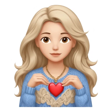 . Her skin glows warmly under the natural light, enhanced by the gentle textures of her knitted beige sweater and flowing hair. her heart-shaped necklace adds a delicate touch, while her serene expression brings a quiet strength to the portrait. The blue sky in the background.
 sticker