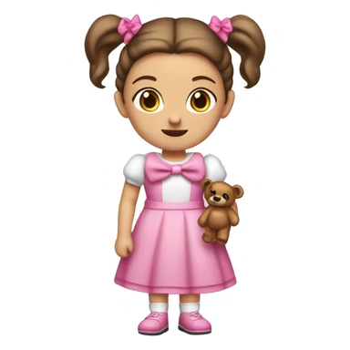 Little white girl with bronze hair in two ponytails with two bows. A pink pacificer in her mouth. She is wearing a pink and White dress and holding a teddybear. sticker
