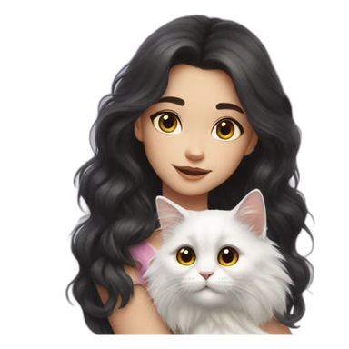 A girl with long dark hair and on her left shoulder and neck lies a white fluffy cat with eyes of different colors sticker
