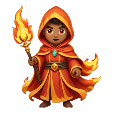 Clash of Clans aesthetic: Cinematic Ferocious Fire Mage Hero closeup Emoji, rendered in a 3D vector-style similar to standard emojis with minimal shading and bold, simplified shapes. A compact, isometric figure draped in flowing, charred and ember-lined robes, wielding a fiery staff crackling with intense flames. Eyes burning with an infernal glow, exuding raw, untamed power. Simplified yet unmistakably iconic, highly detailed and consistent, glowing with a fiery, molten radiance and high shine. Stylized with a touch of menacing sorcery and a searing, ember-infused outline, capturing the essence of a wrathful mage ready to unleash devastating fire magic! sticker