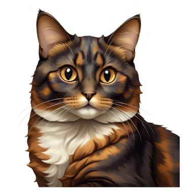 Cinematic Noble Tortoiseshell Cat Portrait Emoji, Poised and dignified, showcasing a luxurious, mottled fur of rich browns and blacks, with elegantly arched whiskers and a determined yet gentle expression, simplified yet meticulously detailed, glowing with a subtle, regal radiance, high shine, embodying quiet nobility and refined charm, soft glowing outline, capturing the essence of a sophisticated tortoiseshell cat exuding quiet authority! sticker
