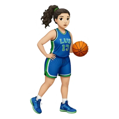 full body plus size light skin latino women basketball player with wavy dark hair in pony tail wide nose wearing blue uniform with green accent sticker