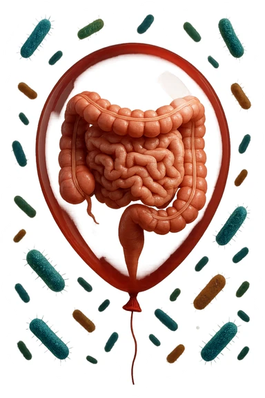 intestino umano anatomico chiuso in un palloncino rosso con batteri intestinali che fluttuano intorno, iperrealistico 4k sticker