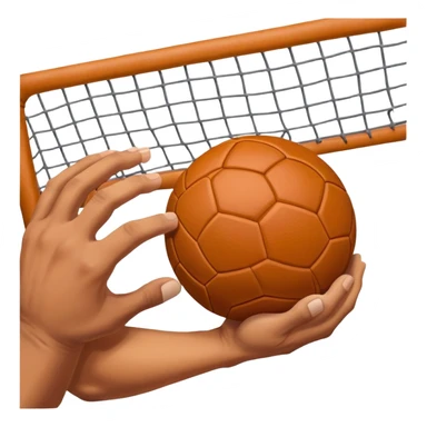 A close-up of a hand gripping a handball, with the handball gates visible in the background. The focus is on the texture of the ball and the strength of the grip, with the goal net slightly blurred to emphasize the anticipation of the throw. sticker