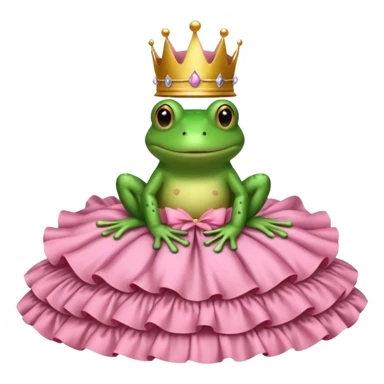 Brown bed with white sheets and a pink comforter.  In the bed sits a frog in a frilly little pink dress, wearing a crown and sitting like a frog would normally sit. sticker