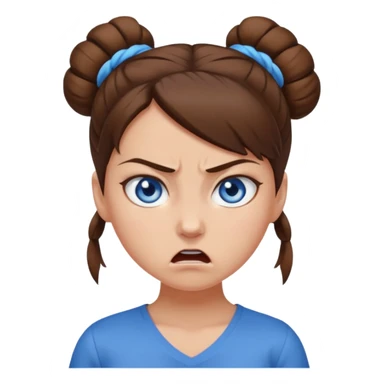 Girl with blue eyes, brown hair in a single bun, angry sticker