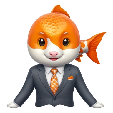 A charming and professional koi fish character, sleek rounded body with orange and white patterns, expressive eyes, friendly smile, wearing a neat business suit, white shirt, and tiny tie sticker
