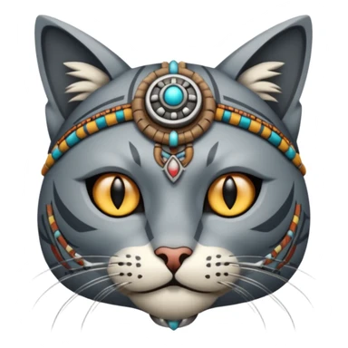 cat, wear tribal shaman cloth, half face robot sticker
