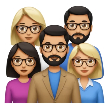 A man with hair and glasses and  a woman with long brown hair and a man with a beard and a woman with a blonde bob sticker