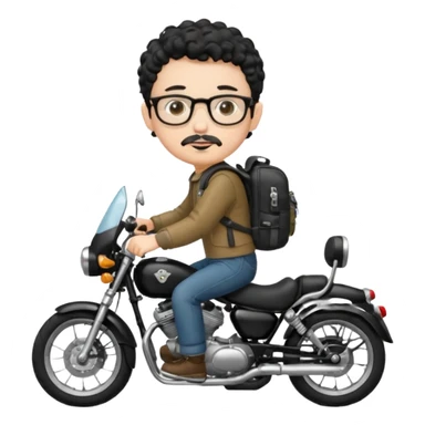 A young boy DEVELOPER WITH A backpack, black curly short hair, wearing glasses, a thin goatee, his skin is white, riding a motorcycle sticker