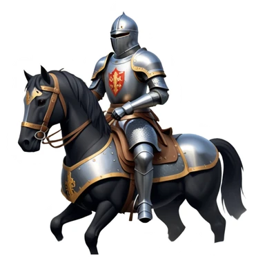 clash-of-clans-aesthetic_-cinematic-fearsome-and-majestic-knight-bust-portrait-emoji, rendered in a flat, vector-style with minimal shading and bold, simplified shapes, depicting a battle-ready medieval knight with steely eyes and intricate armor, riding on a black warhorse looking regal reflecting sunlight over a misty battlefield. sticker