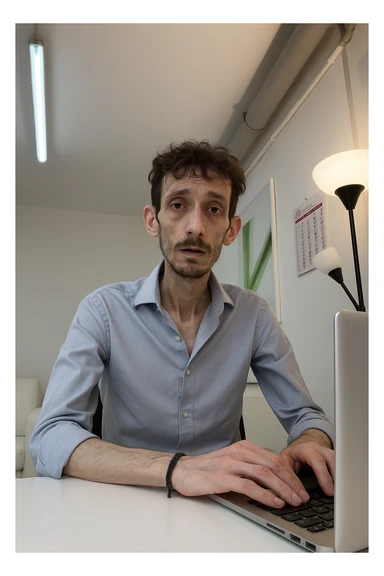 uomo che ha perso massa ed è piatto muscolarmente, lui è in piedi e si vede il fisico debilitato sticker