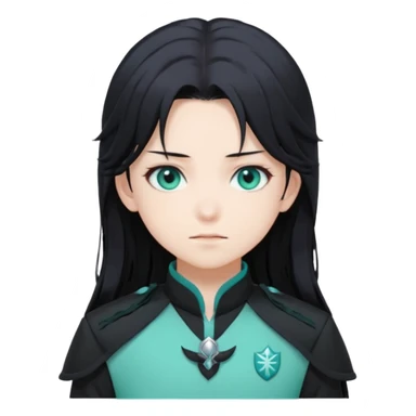 Tokito Muichiro emoji style — calm boy with long black hair fading mint green, turquoise eyes, pale skin, dreamy face, wearing dark Demon Slayer uniform, black + teal tone, anime cute clean style. sticker
