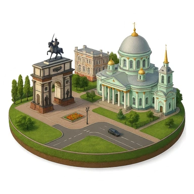 Изометричная, яркая, детализированная и фотореалистичная иллюстрация панорамы города Курска на круглой подставке, Знаменский собор, здание Дворянского собрания, Триумфальная арка в стиле 3D-коллажей городов, чёткие линии, слегка мультяшная стилистика, прозрачный фон, не обрезать края картинки sticker