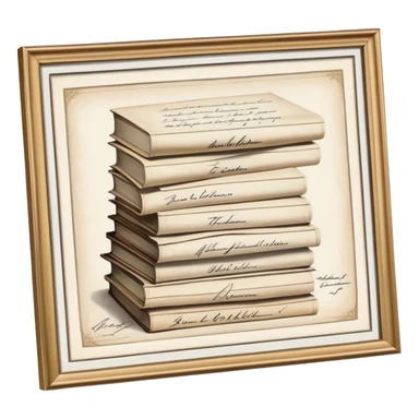 Icon for Autograph Collecting: several vintage framed with signatures of famous celebrities sheets stacked one on top of the other, each . The icon should evoke the charm and history of collecting autographs. Transparent background. sticker