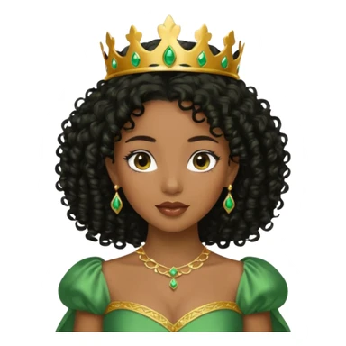 balck princess with black curly hair and a golden tiara. Green dress sticker